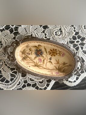 Vintage Floral Footed Vanity Tray Ornate Brass Porcelain Trinket Dish-soap dish